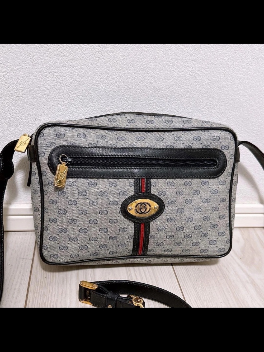 Gucci Gray Monogram Messenger Bag with Black Trim and Red Stripe